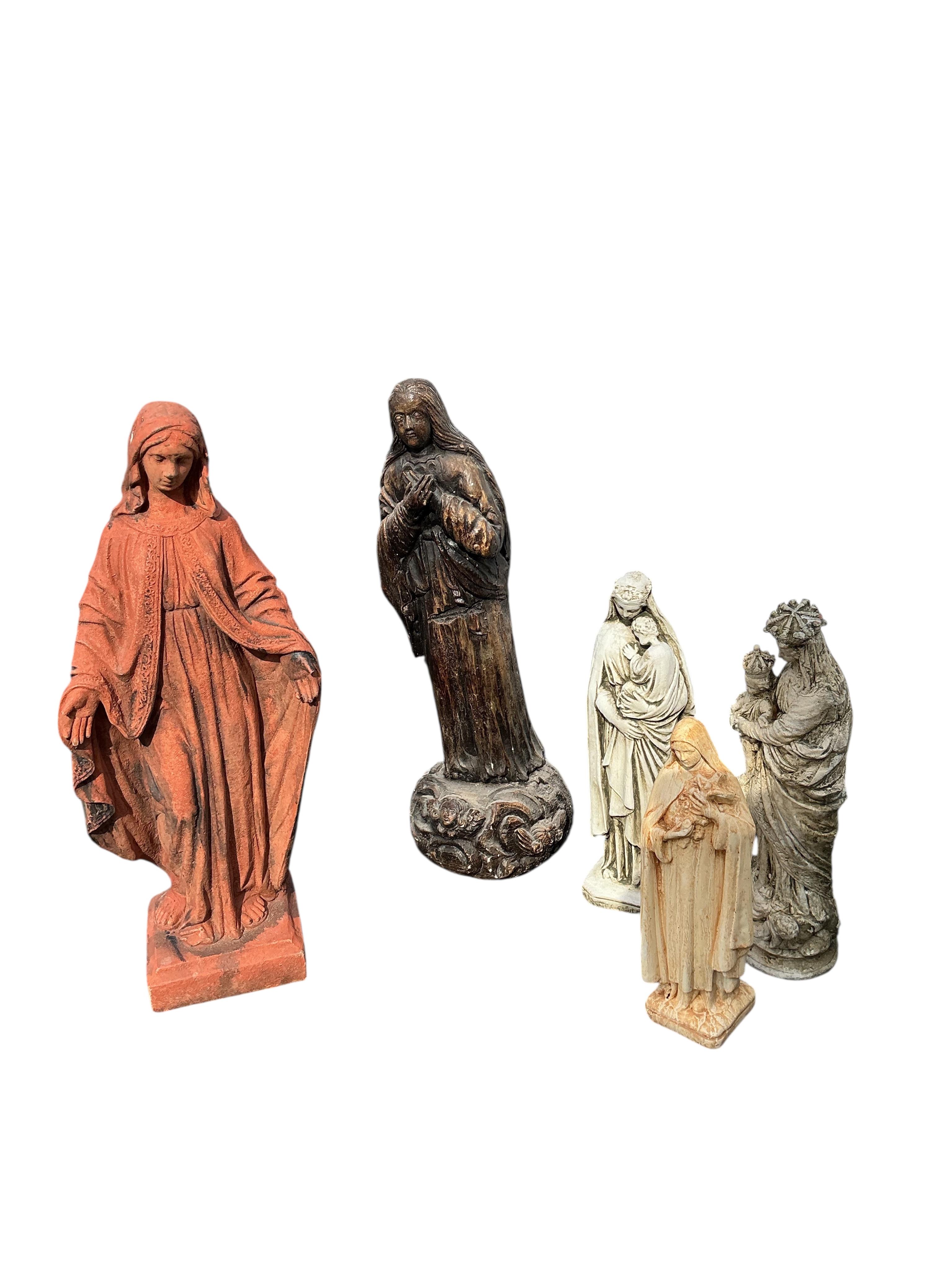Five cast stone figures of Madonna, largest height 79cm